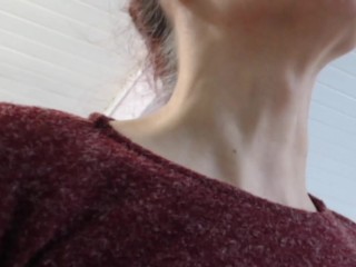 Girl's immense handsome adams apple close up rubbing