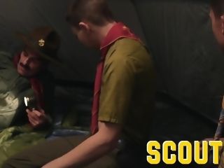 ScoutBoys Austin youthful boned outside in tent by old parent